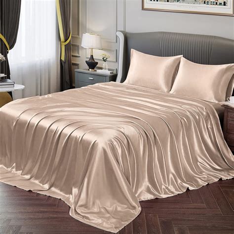 Vonty Satin Sheets Full Silky Soft Satin Bed Sheets Amber Beige Satin Sheet Set 1