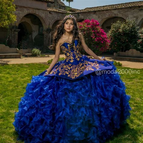 Royal Blue And Gold Ruffled Charro Quince Dress Quince Dresses Mexican Charro Quinceanera