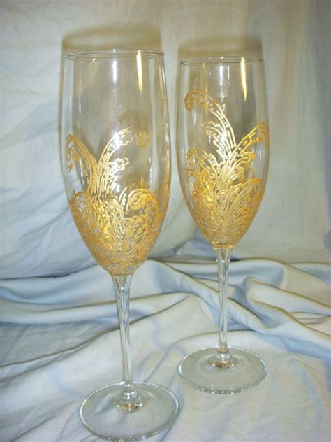 Hand Painted Gold Champagne Glasses Sold In Pairs Customization Available Perfect Engagement