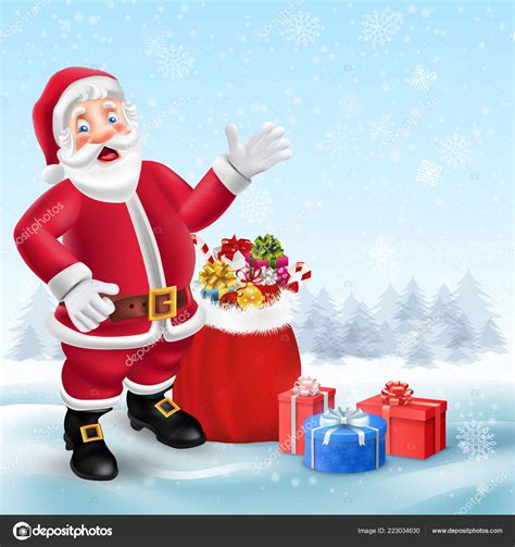 Cute Cartoon Santa Claus Bag Presents Christmas Snow Scene Place Stock