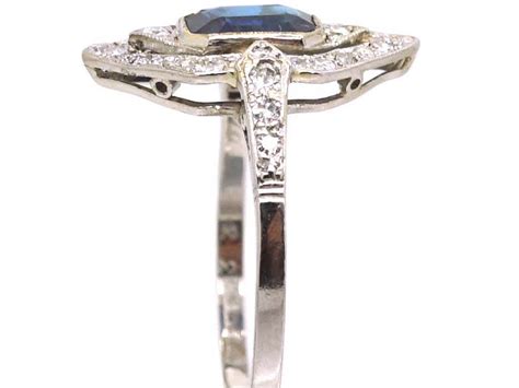 Art Deco Platinum Hexagonal Shaped Ring Set With A Sapphire And Diamonds