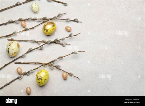 Painted Easter Eggs And Pussy Willow Branches On Light Background Stock