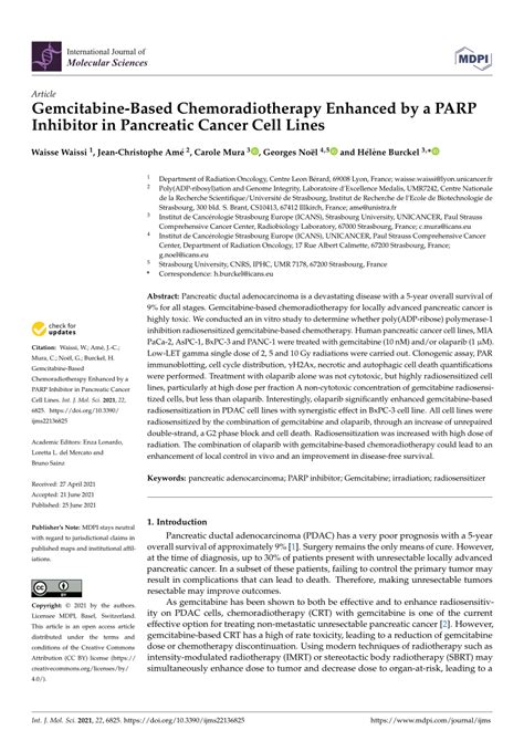 Pdf Gemcitabine Based Chemoradiotherapy Enhanced By A Parp Inhibitor