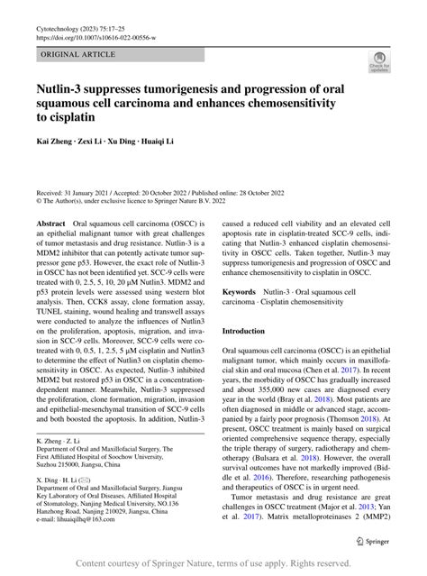 Nutlin 3 Suppresses Tumorigenesis And Progression Of Oral Squamous Cell