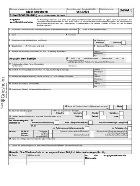 Fillable Online Griesheim Gewerbeabmeldung Formular In Griesheim Fax