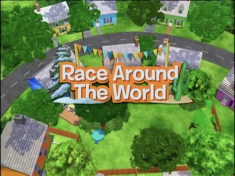 the logo for race around the world, with houses and trees in the foreground