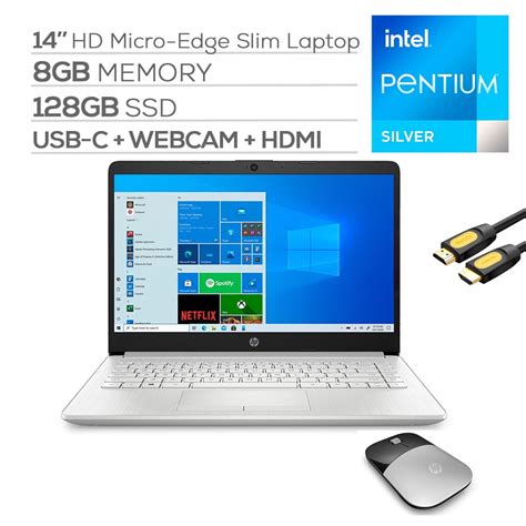 HP 14 HD Micro Edge Slim Laptop Platinum Intel Quad Core Pentium