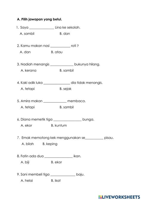 Ujian Penilaian Bahasa Melayu Tahun 1 Interactive Worksheet