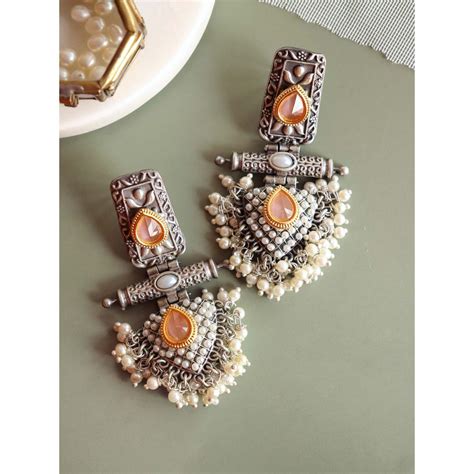 Curio Cottage Aria Pearls And Pink Stone Oxidised Chandbali Earrings