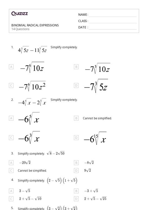 50 Radical Expressions Worksheets For 10th Year On Quizizz Free