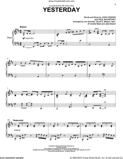 Yesterday sheet music for cello and piano (PDF-interactive)