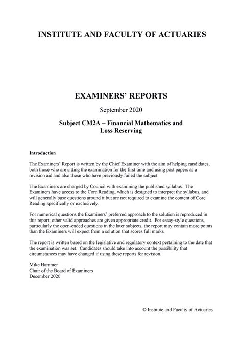 Iand F Cm2a 202009 Examiners Report Institute And Faculty Of Actuaries Examiners’ Reports