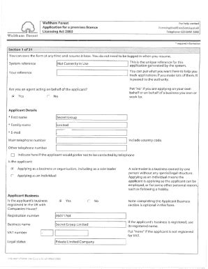 Fillable Online Application For The Grant Of A Premises Licence Fax