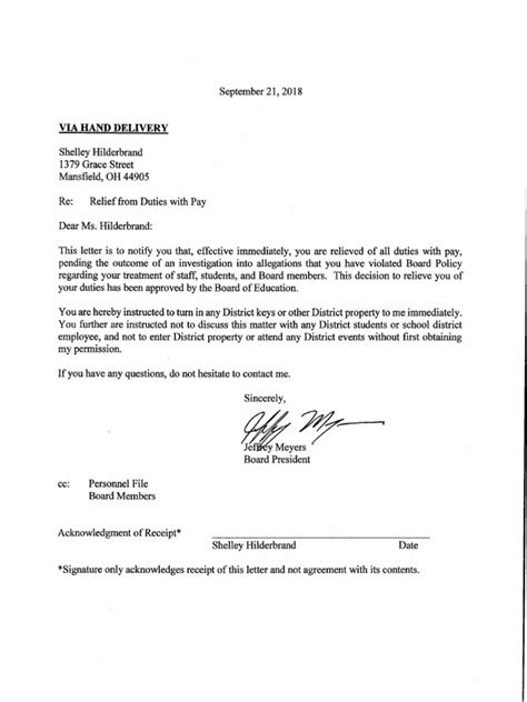 Paid Administrative Leave Letter To Shelley Hilderbrand | PDF