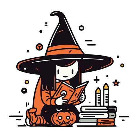 Cute little witch reading a book. Halloween. Vector illustration. 33527953 Vector Art at Vecteezy