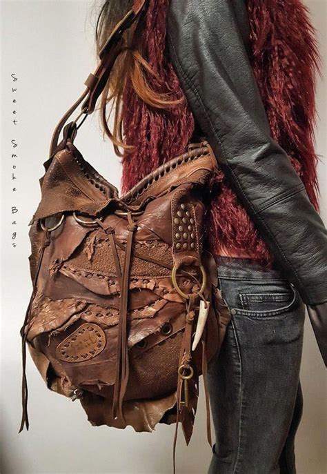 Brown Distressed Leather Bag Raw Edges Rockstyle Fringe Fringed Hobo Tribal Bohemian Boho Purse