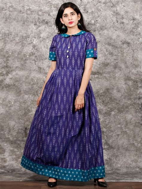 Purple Teal Blue Ivory Handloom Mercerised Ikat Long Cotton Dress With