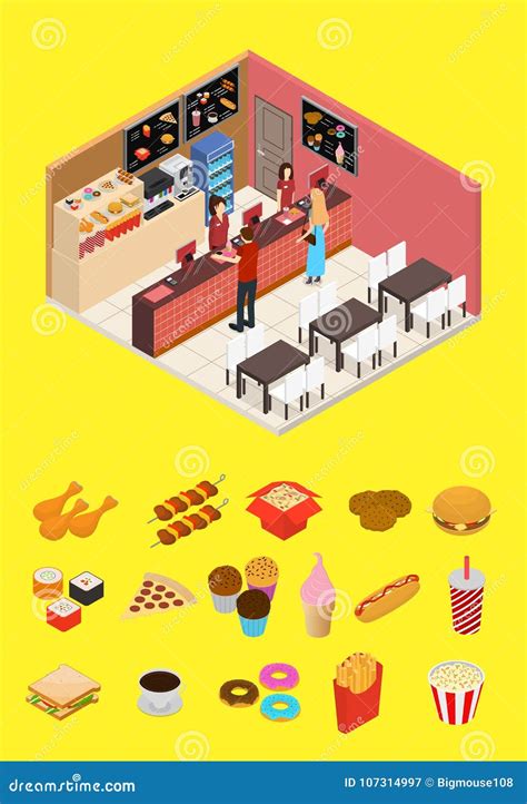 Interior Fast Food Restaurant And Elements Part Isometric View Vector