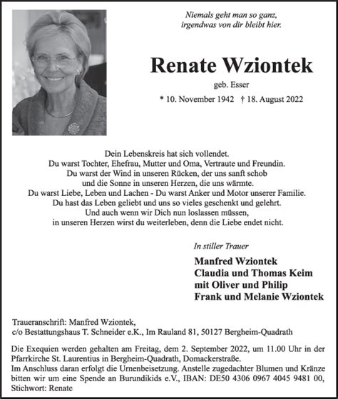 Traueranzeigen Von Renate Wziontek Wirtrauern