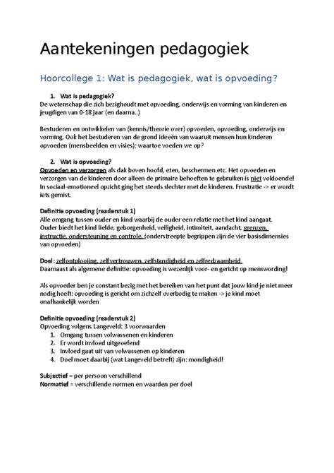 Aantekeningen Pedagogiek Hoorcolleges Aantekeningen Pedagogiek