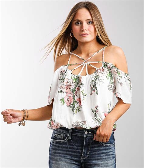 Daytrip Strappy Floral Cold Shoulder Top Womens Shirtsblouses In White Multi Buckle