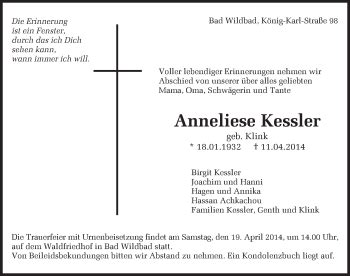 Traueranzeigen von Anneliese Kessler Schwarzwälder Bote Trauer