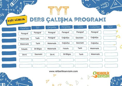 tyt ders calisma programi esit agirlik REHBERLİK SERVİSİM