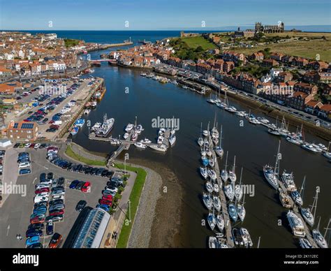 Aerial View Of Whitby Harbor On The North Yorkshire Coast In The United