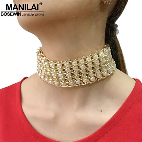 Manilai Luxury Simulated Pearls Choker Necklace Women Fashion Beaded Layered Golden Chain Boho