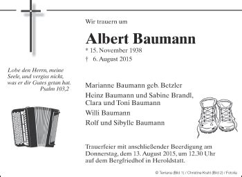 Traueranzeigen Von Albert Baumann Schwaebische De Trauerportal