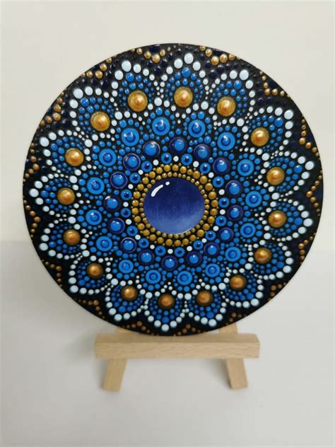 Hand Painted Blue And Gold Sphere Mandala Coaster Mandala Mandala