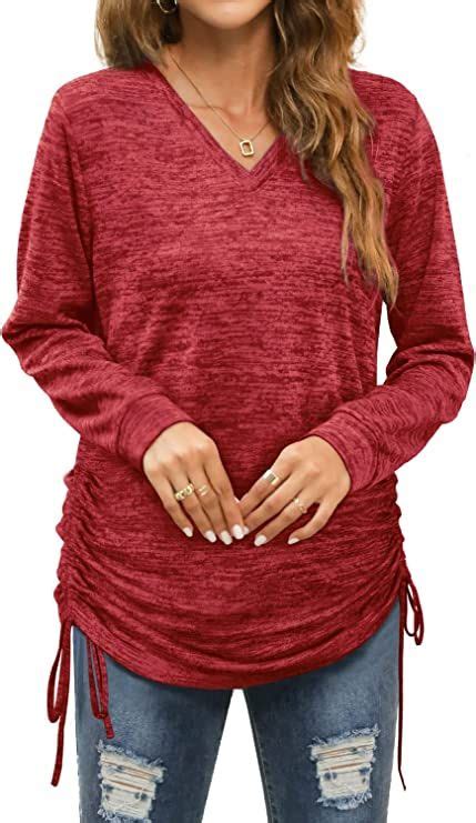 Wiholl Long Sleeve Tops For Women Casual V Neck Tunics With Side Ruched Drawstring In 2022