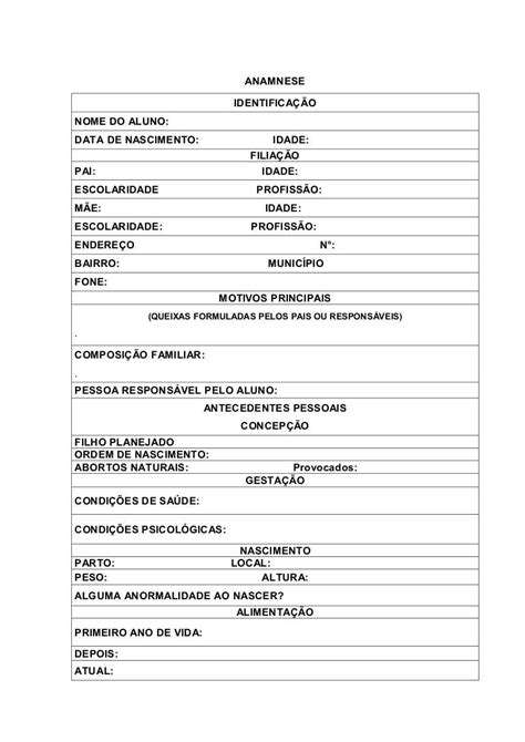 ANAMNESE IDENTIFICAÇÃO NOME DO ALUNO DATA DE NASCIMENTO IDADE