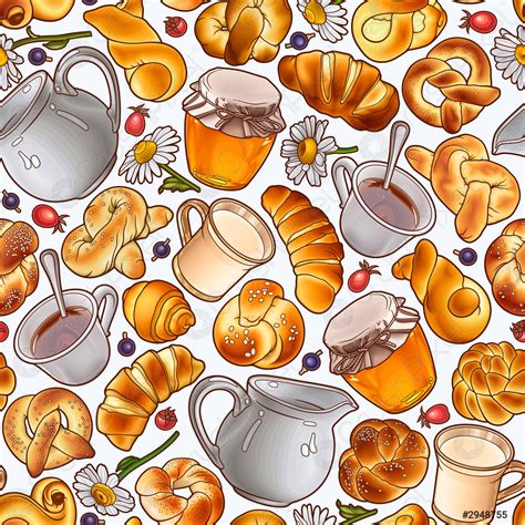 Funny Buns Honey Milk Tea Cup And Berries Seamless Pattern Stock