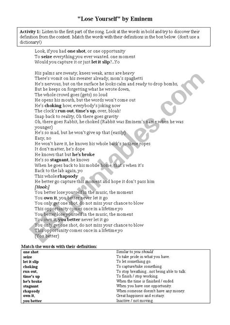 Eminem - Lose yourself - ESL worksheet by jimejicama