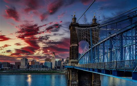 Roebling Suspension Bridge To Cincinnati At Sunset Photograph By