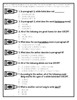 White Tailed Deer Reading Comprehension With Text Evidence Virginia SOL