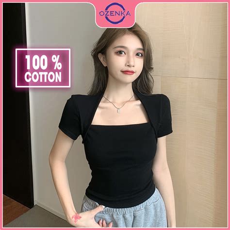 Mua Áo croptop cổ vuông ôm tay ngắn nữ OZENKA áo thun crt ngắn màu