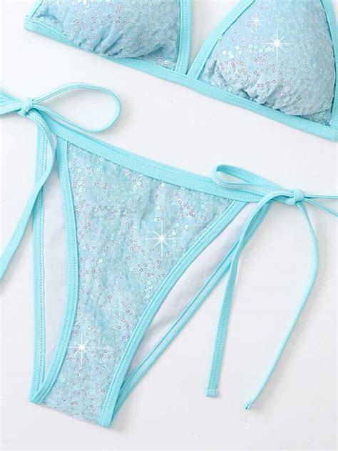 Shein Swim Sxy Sparkly Sequin Bikini Set Micro Triangle Bra Thong Bottom Piece Bathing Suit
