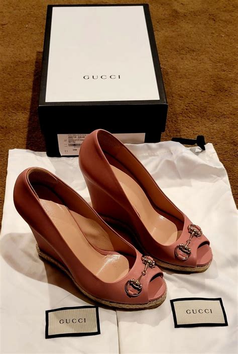 Gucci Leather Pink Platform Wedge Sandals Shoes Gem