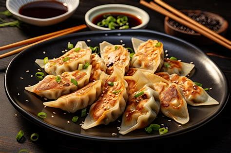 Premium Ai Image Japanese Gyoza Dumplings Served With Soy Sauce