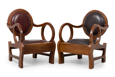 Pair Of Hungarian Walnut Distressed Leather Art Deco Club Chairs Lajos