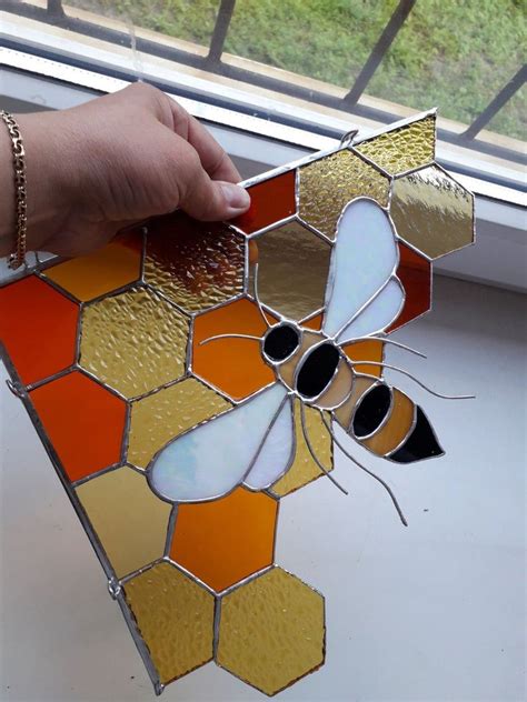 Honeycomb Glass Bee Beecorner Stained Glass Hanging Glass Etsy Stained Glass Crafts Stained