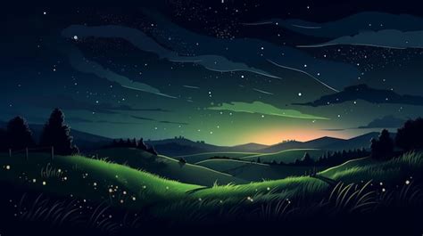 Premium AI Image | A green landscape with a sky and stars at night.