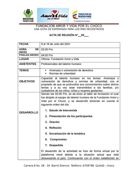 ACTA Capacitacion Talento Humano Julio 2021 UNA GOTA DE ESPERANZA