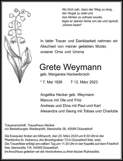 Alle Traueranzeigen F R Grete Weymann Trauer Rp Online De