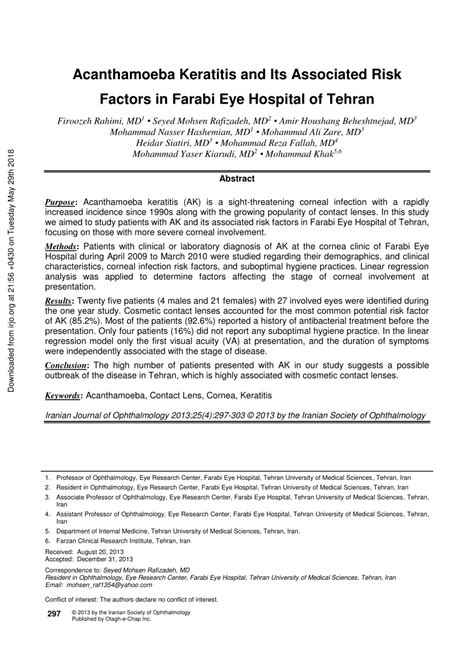 Pdf Acanthamoeba Keratitis And Its Associated Risk Factors In Farabi Eye Hospital Of Tehran