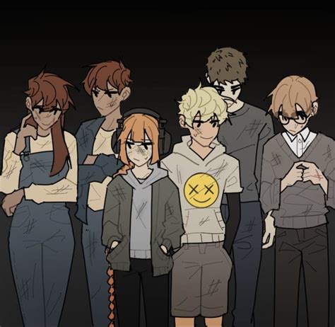 An Animated Group Of People Standing Together In Front Of A Black