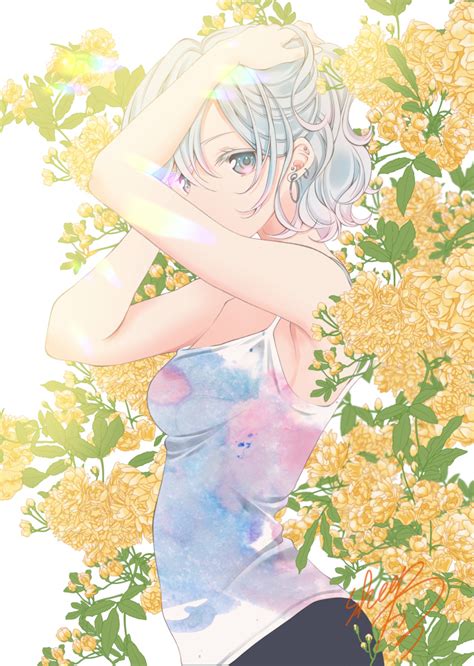 Safebooru 1girl Arm Up Armpits Bangs Bare Arms Bare Shoulders Blue Eyes Camisole Colored