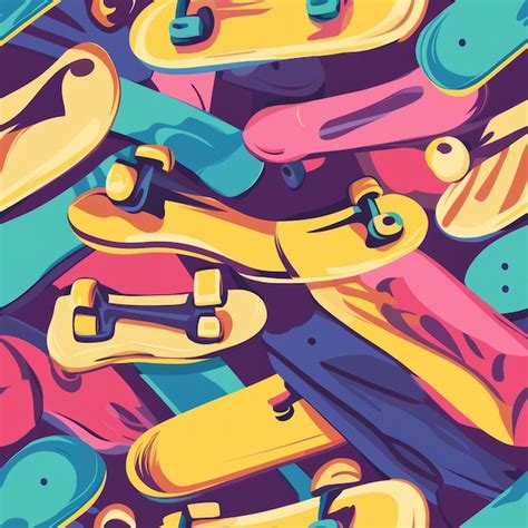 Skateboard Seamless Pattern Vector Background With Colorful Skateboards